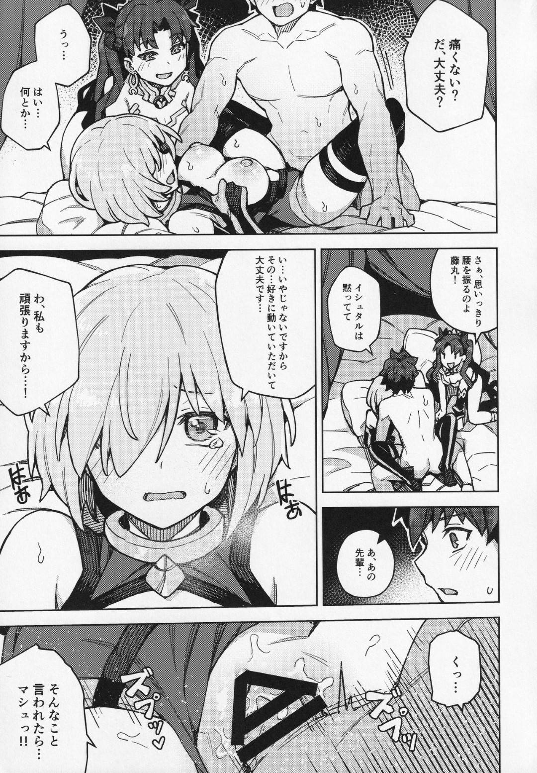 イシュタルの作戦により謎の場所に閉じ込められた藤丸とマシュ。時間が経てば解放されるだろうと思っていたが、いくら待っても開かない扉そこにイシュタルが来て...セックスで魔力を供給すれば扉は開くと言い、半ば強引にヤラせるイシュタル！おかげで扉は開いたが快感が収まらないマシュと欲情したイシュタルに精液を搾り取られる！連続中出しセックス【Orange Maru：駄女神注意報】