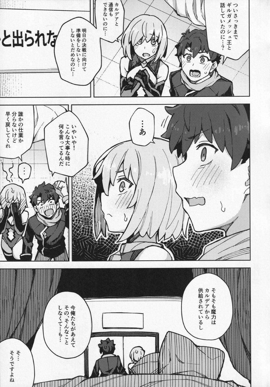 イシュタルの作戦により謎の場所に閉じ込められた藤丸とマシュ。時間が経てば解放されるだろうと思っていたが、いくら待っても開かない扉そこにイシュタルが来て...セックスで魔力を供給すれば扉は開くと言い、半ば強引にヤラせるイシュタル！おかげで扉は開いたが快感が収まらないマシュと欲情したイシュタルに精液を搾り取られる！連続中出しセックス【Orange Maru：駄女神注意報】