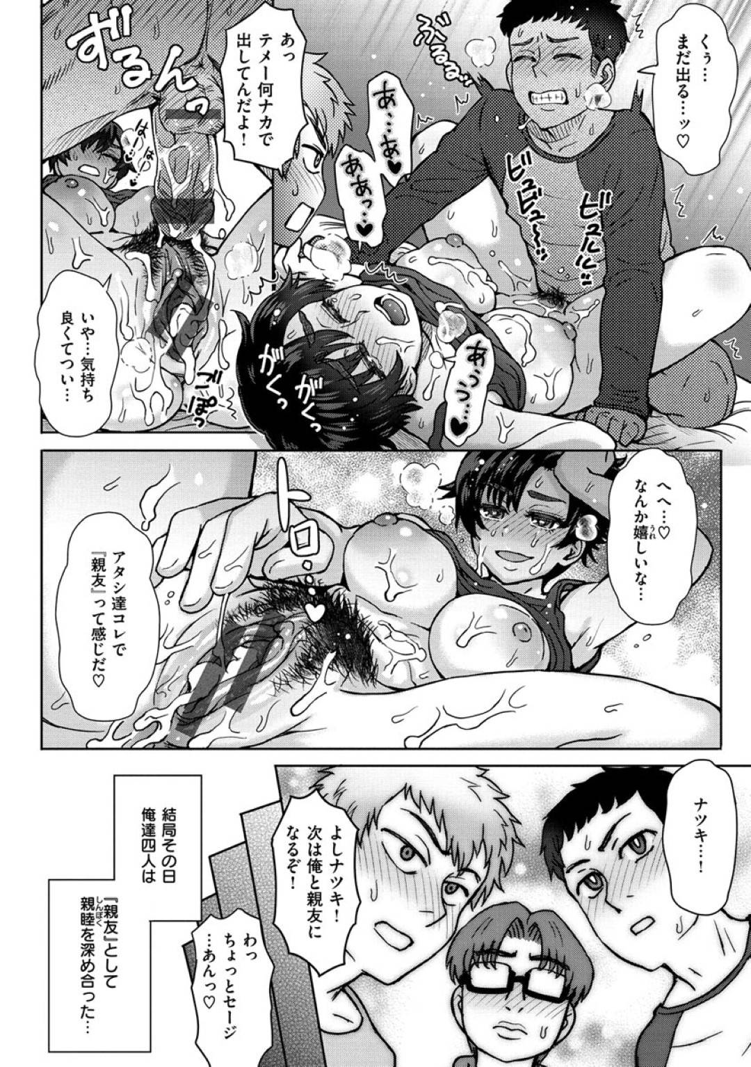 男勝りで女としての自覚が全く無いナツキ。だが、最近仲の良い男友達3人から避けられている事に気がつき、家に押し掛けるのだが...女としての自覚を取り戻す為に親友として親睦を深める！？セックスの快楽を覚えてしまったナツキは身体一つで4人の絆をより強固な物にしてしまう！巨乳JDの処女喪失連続中出しセックス【いとうえい：セックスベストフレンズ】