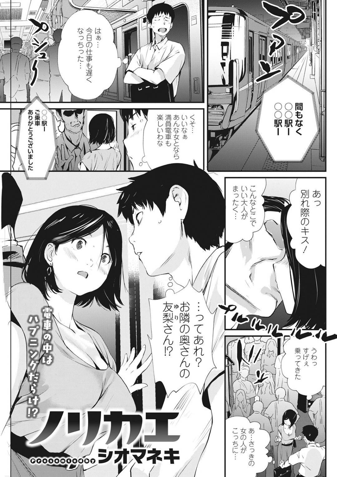 電車で不倫相手とキスしていたところを偶然乗り合わせた隣人の男に見られてしまった美人妻…事情を説明しながら密着して逆痴漢し、興奮する男と乗客の居ない車両で生ハメ中出し不倫セックスしてイキまくる【シオマネキ：ノリカエ】